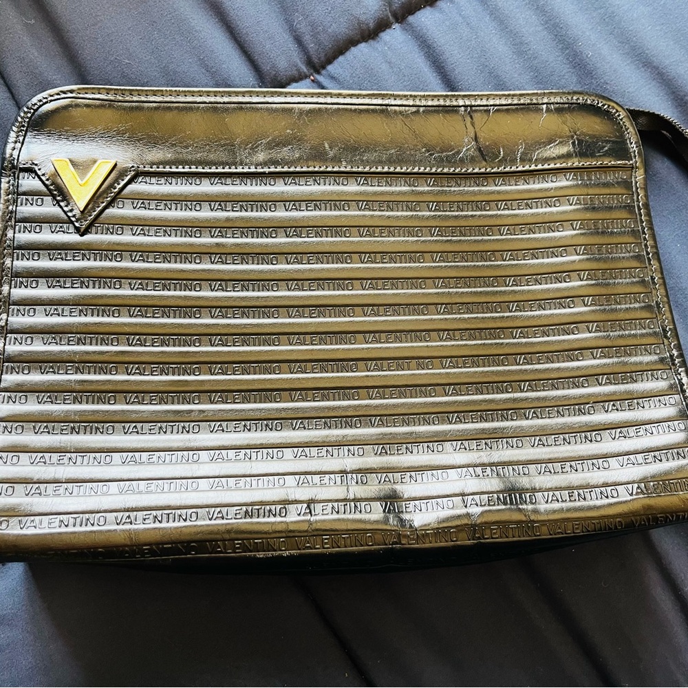 Valentino Black Clutch Bag with Gold Logo Detail Authentic